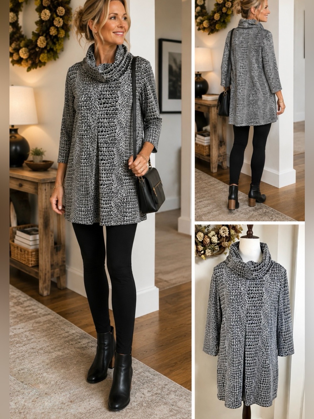 Tyler Boe Kim Print Cowl Neck Tunic Top Snake Print 3/4 Sleeve Stretch Knit~S💛